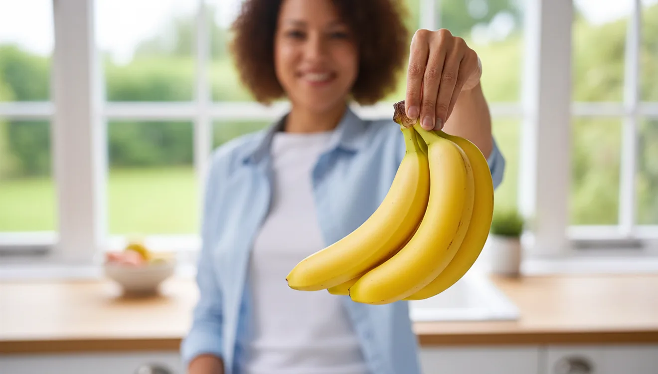 Mujer sosteniendo un racimo de bananas frescas en la cocina — alimentos energéticos